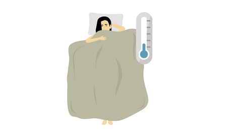 Cartoon afbeelding van vrouw in bed die het snel koud heeft
