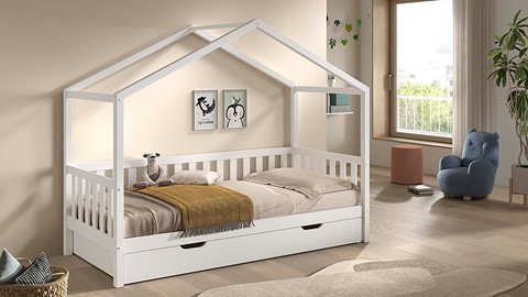 Kajuitbed Dallas als huis met slaaplade, wit