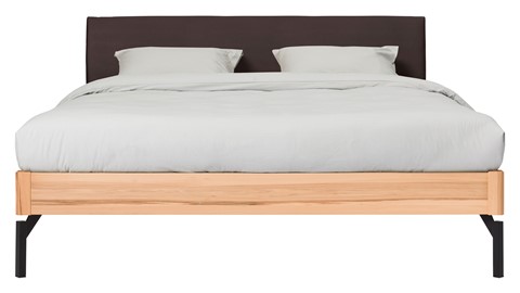 Bed Sky beuken met hoofdbord stof en poot metaal, beuken lederlook grijs