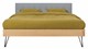 Bed Sky eiken met hoofdbord gecapitonneerd en poot driehoek metaal, honing stof basalt