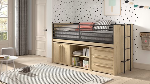 Halfhoogslaper Sam met boekenkast, commode 2 deuren en commode 3 laden, eik