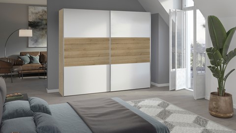 Schuifdeurkast Kixx, volledig met houten deuren, eiken/wit