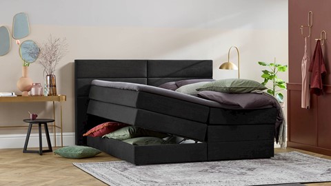 Opbergboxspring Pearl vlak met gestoffeerd matras, charcoal