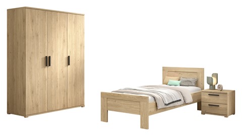 Kinderkamer Sam met bed, nachtkast en 3 deurs draaideurkast, eik