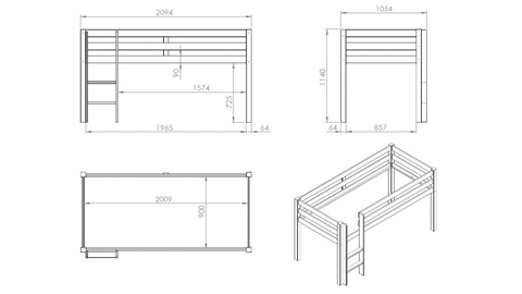 Halfhoogslaper Pino met commode 4 laden, commode 2 deuren, hangtablet en bureau, wit