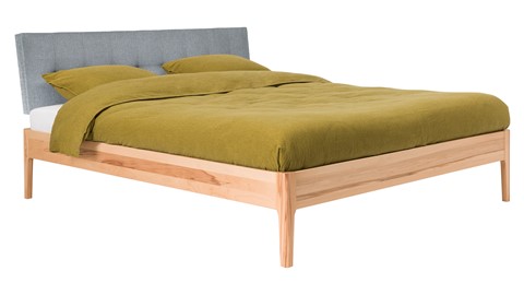 Bed Sky beuken met hoofdbord gecapitonneerd en poot hout, beuk stof basalt