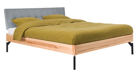 Bed Sky beuken met hoofdbord gecapitonneerd en poot metaal, beuk stof basalt