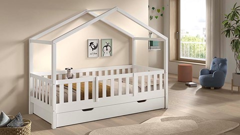 Kajuitbed Dallas als huis met slaaplade en uitvalbeveiliging, wit