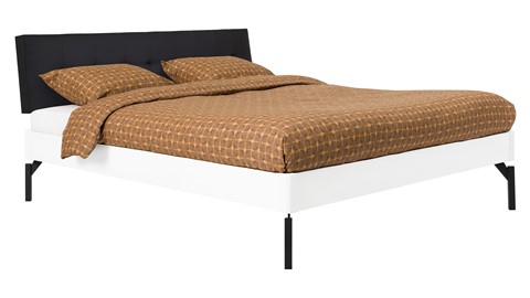 Bed Sky beuken met hoofdbord gecapitonneerd en poot metaal, wit lederlook zwart