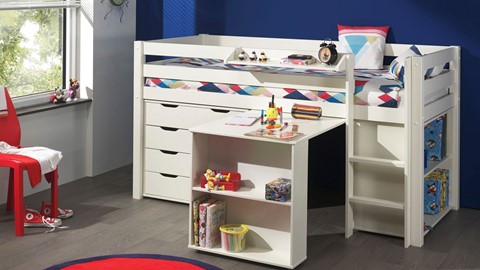 Halfhoogslaper Pino met commode met 4 laden en boekenkast, wit
