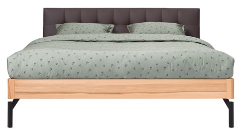 Bed Sky beuken met hoofdbord gecapitonneerd en poot metaal, beuk lederlook grijs