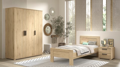 Kinderkamer Sam met bed, nachtkast en 3 deurs draaideurkast, eik