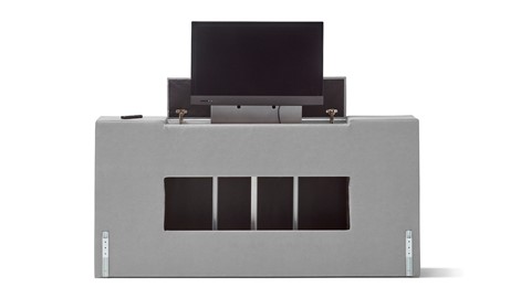 Boxspring Unik Varje verstelbaar met gestoffeerd matras en voetbord met TV-lift, light grey
