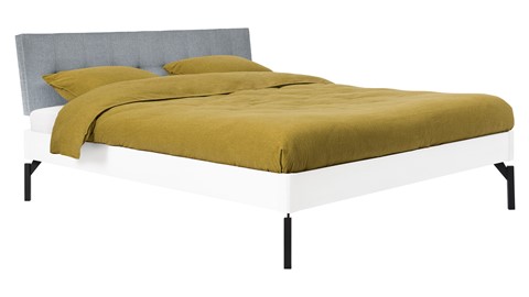 Bed Sky beuken met hoofdbord gecapitonneerd en poot metaal, wit stof basalt