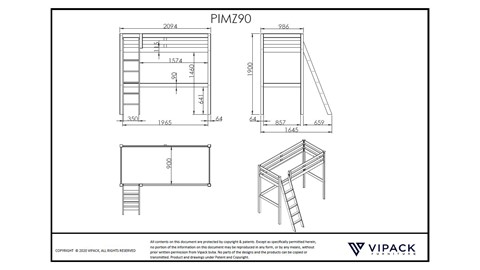 Hoogslaper Pino mezzanine met boekenkast, wit
