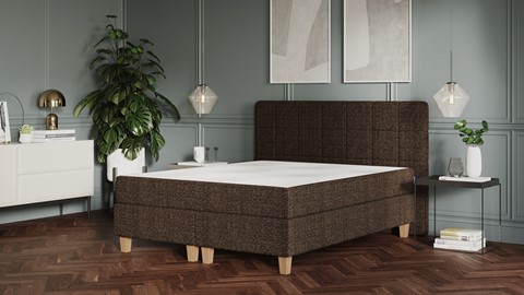 Boxspring Emma Deluxe Elegant vlak  met gestoffeerd matras en poot naturel, dark brown