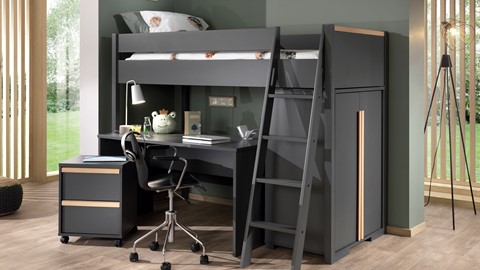 Hoogslaper Londen met nachtkast, bureau en kast, antraciet