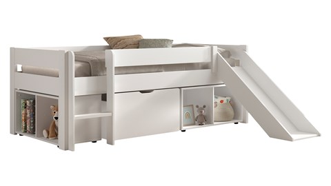 Halfhoogslaper laag met 2 boekenkasten, glijbaan en bedla Primo, wit