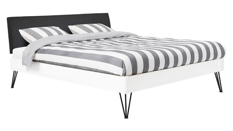 Bed Sky beuken met hoofdbord stof en poot driehoek, wit lederlook zwart