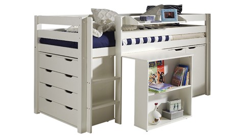 Halfhoogslaper Pino met commode 4 laden, commode 2 deuren, hangtablet en bureau, wit