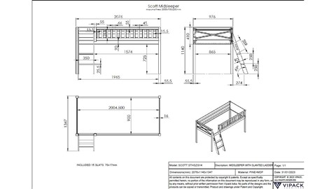 Halfhoogslaper Scott met bureau en 2 commodes, wit