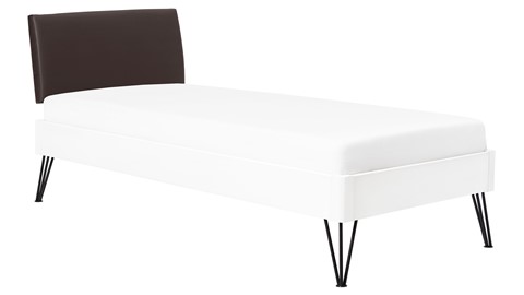 Bed Sky beuken met hoofdbord stof en poot driehoek, wit lederlook grijs