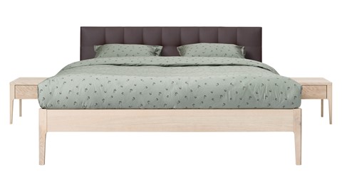 Bed Sky eiken met hoofdbord gecapitonneerd en poot hout, eiken lederlook grijs