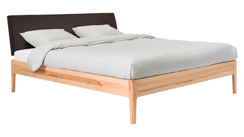 Bed Sky beuken met hoofdbord stof en poot hout, beuken lederlook grijs