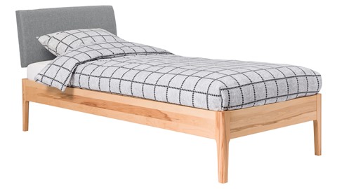 Bed Sky beuken met hoofdbord stof en poot hout, beuken stof basalt