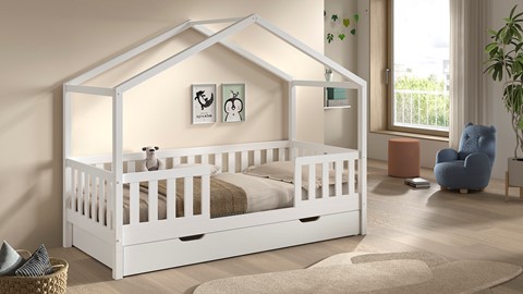 Kajuitbed Dallas als huis met slaaplade en uitvalbeveiliging, wit