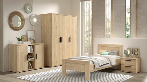 Kinderkamer Sam met bed, nachtkast, commode 2 deuren en 3 deurs draaideurkast, eik