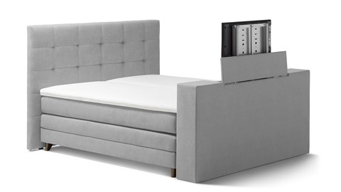 Boxspring Unik Varje verstelbaar met gestoffeerd matras en voetbord met TV-lift, light grey