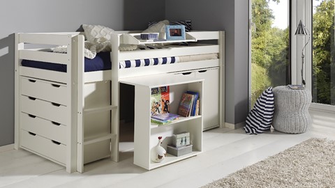 Halfhoogslaper Pino met commode 4 laden, commode 2 deuren, hangtablet en bureau, wit
