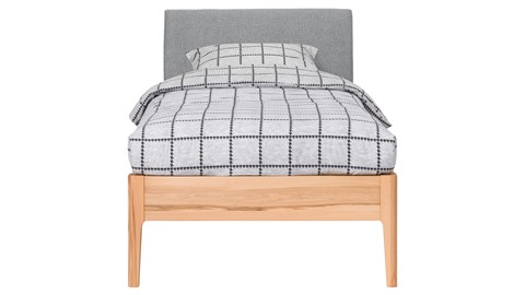 Bed Sky beuken met hoofdbord stof en poot hout, beuken stof basalt