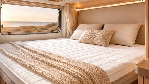 Een bed met kussens en een deken erop