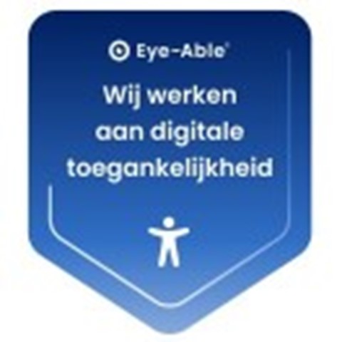 een blauw-wit label met witte tekst