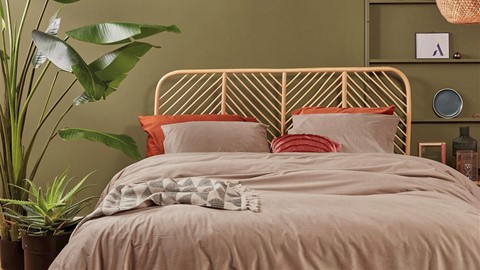 een bed met een plant op de achtergrond