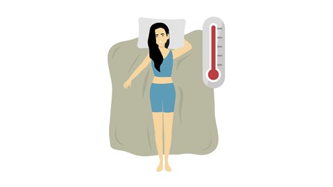Cartoon afbeelding van vrouw in bed die het warm heeft