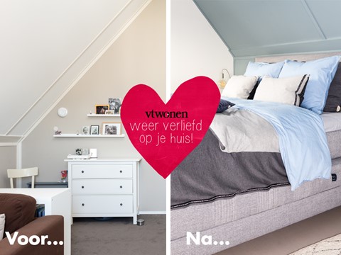 een slaapkamer met een bed en een dressoir