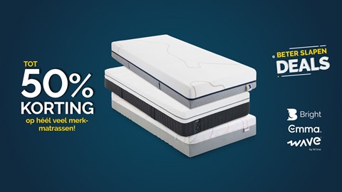 Een stapel matrassen met tekstoverlay