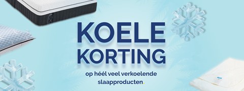 Afbeelding met de tekst 'Koele korting' met daaromheen slaapproducten