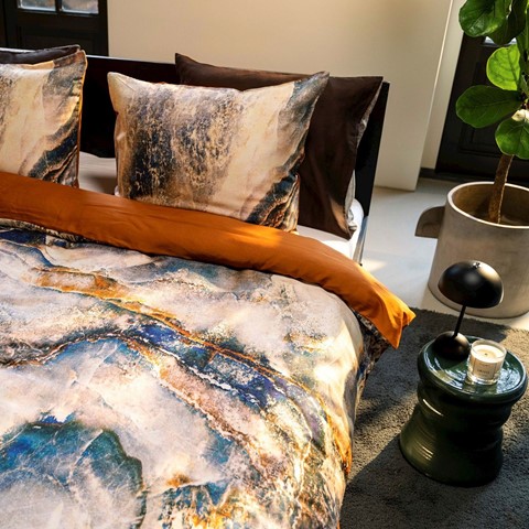 Marmeren dekbedovertrek blauw goud flanel Kayori