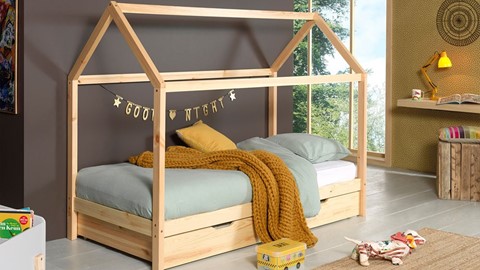 Houten kinderbed huisje met lades