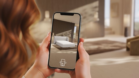 Iemand die een telefoon vasthoudt met een foto van een slaapkamer