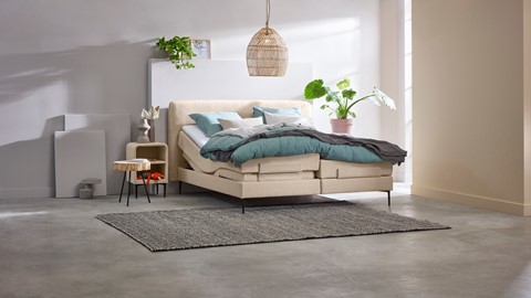 een bed met een bedframe en een vloerkleed