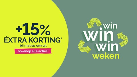 een gele cirkel met witte tekst en groene hergebruikpijlen